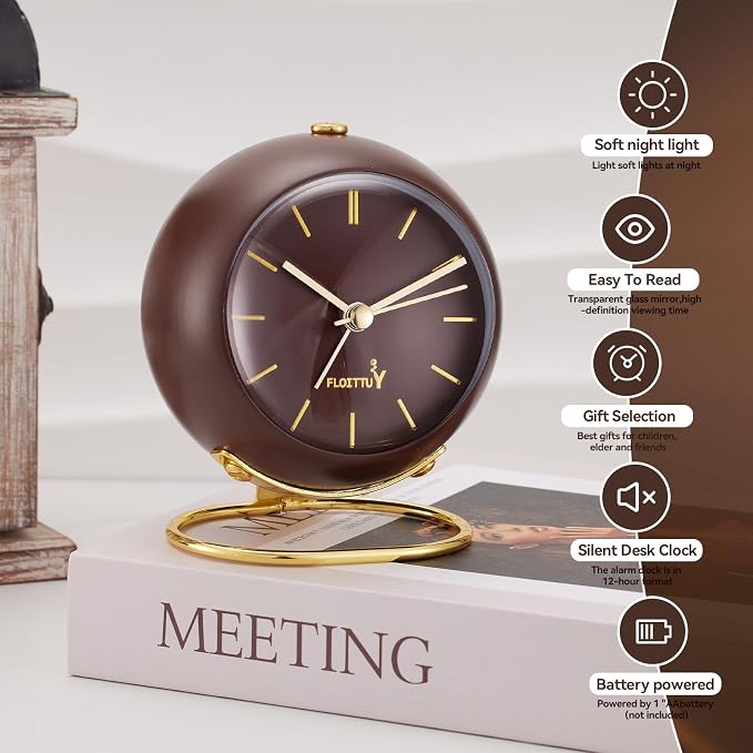 FLOITTUY Silent Table Analog Alarm Clock No Ticking, Lighted on Demand and Battery Operated, Beep Sounds, Small Desk Clock(Cocoa Brown)