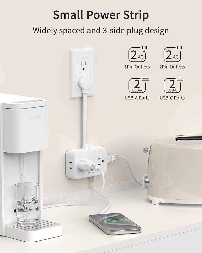 HOPOW Flat Plug Extension Cord, 0.5Ft Short Power Strip with 4 Outlets & 4 USB Ports(2 USB C), No Surge Protector for Cruise Ship, Multiple Outlet Small Power Strip for Home Office Travel