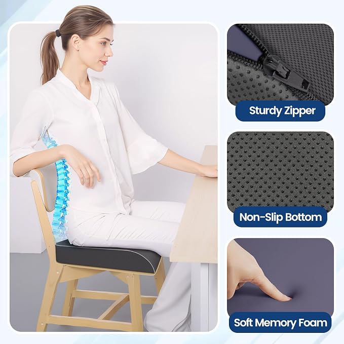 SweetSlubr Seat Cushion for Tailbone Pain Relief, Office Chair Cushion, Memory Foam Large Chair Cushion with Non-Slip Cover for Soft Support at Office Chair, Car Seat, Airplane Grey/Large