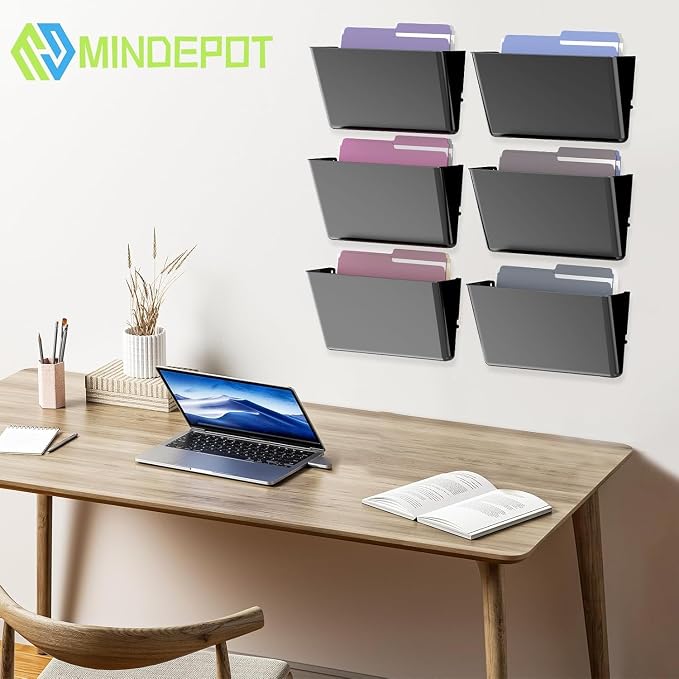 MINDEPOT 5 Pockets Acrylic Wall File Organizer, Wall File Holder Black | Single Wall File Organizer Save Space Sturdy Acrylic Material