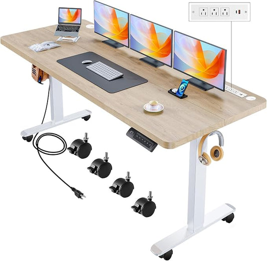 Electric Standing Desk with Wheels, 63'' x 24'' Standing Desk Adjustable Height with Charging Station, 2 USB Ports, 3 Power Outlets, 4 Caster, 27''-46'' Lifting Range Stand up Desk(Oak)