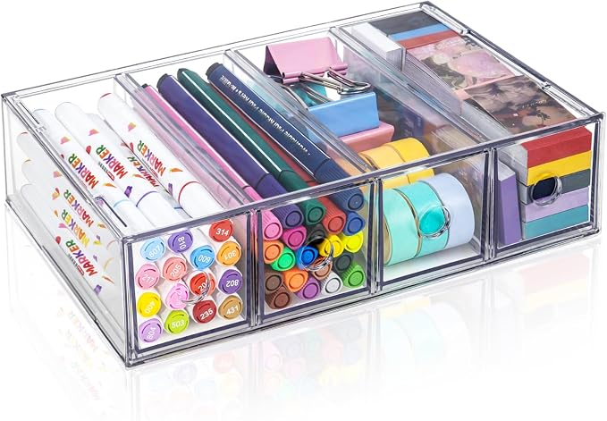 Desk Organizer with 4 Drawers, FODIENS Stackable Desktop Storage Box with Removable Drawer, Clear Sunglasses Organizer Display Case for Stationery Marker Pens Eyeglasses Office Supply | Clear Sunglasses Organizer, Display Case, Removable Drawers, For S...