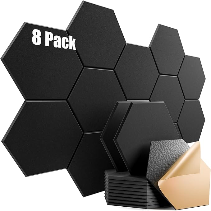 8 Pack Self-Adhesive Acoustic Panels 12" X 10" X 0.4" - Sound Proof Foam Panels for Wall with High Density, Hexagon Design, Flame Resistant, Absorb Noise and Eliminate Echoes(Black)