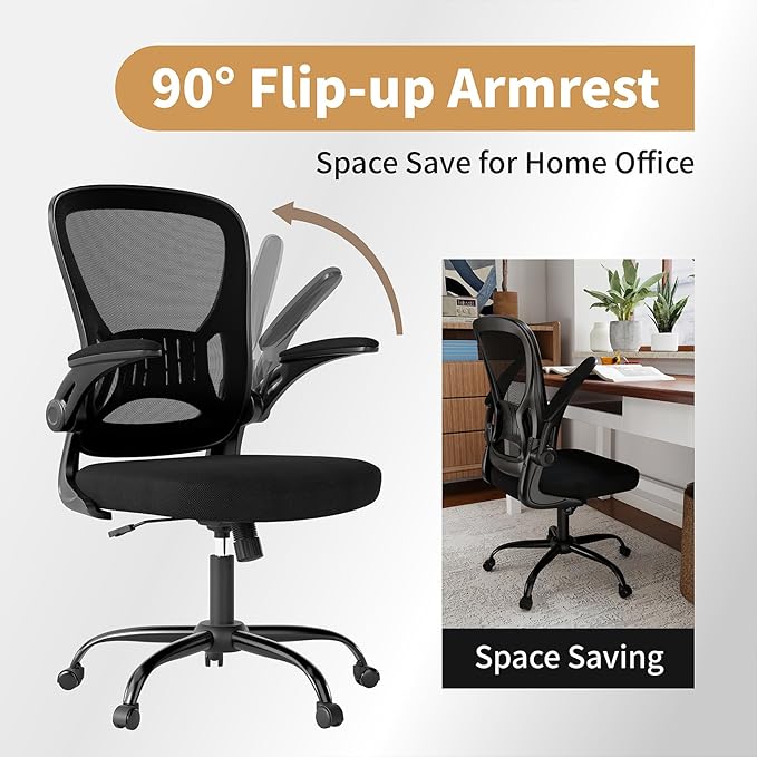 Youhauchair Adjustable Mesh Ergonomic Office Chair with Wheels, Black | Flip-up Arms, Lumbar Support, Home Desk Chair, Height Adjustable, Breathable, Mid Back Swivel Compurter Chair, Set of 1