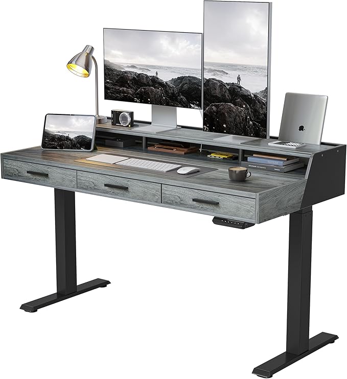 FEZIBO Electric Standing Desk 55x26 Inches with 3 Wood Drawers and Monitor Shelf, Height Adjustable Computer Desk, Ergonomic Rising Home Office Desks, Sit Stand Up Workstation Table, Rustic Grey