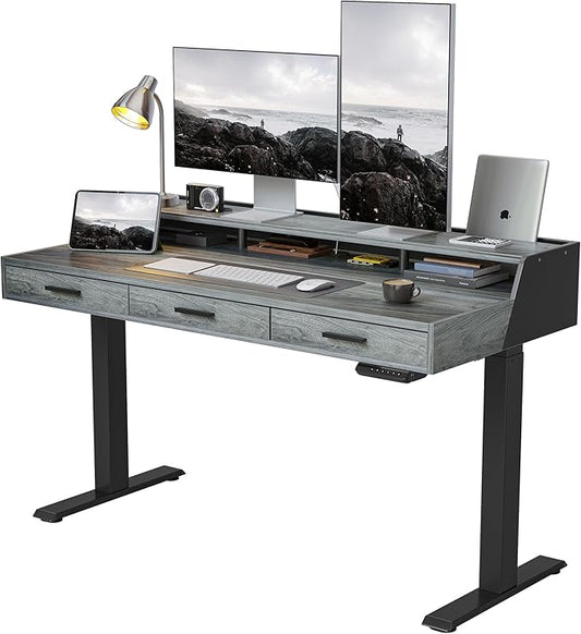 FEZIBO Electric Standing Desk 55x26 Inches with 3 Wood Drawers and Monitor Shelf, Height Adjustable Computer Desk, Ergonomic Rising Home Office Desks, Sit Stand Up Workstation Table, Rustic Grey