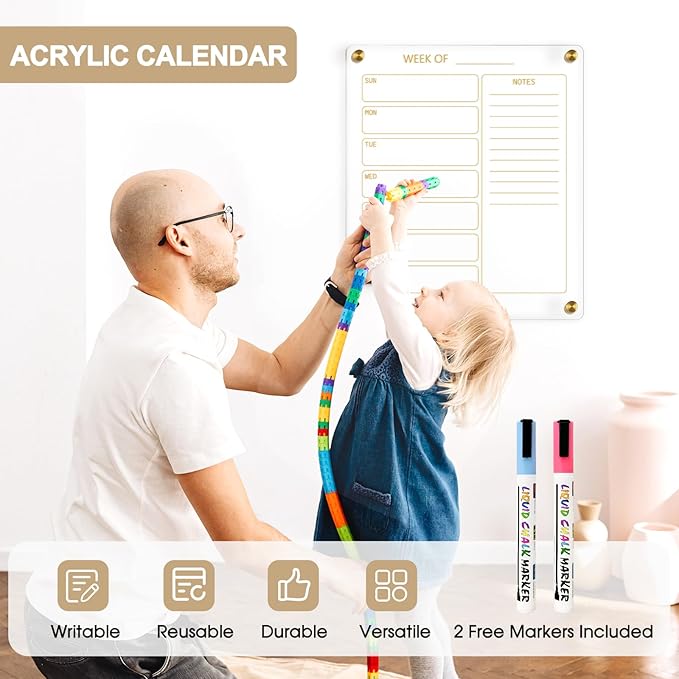 Small Acrylic Calendar for Wall, 12" X 14" Golden Clear Acrylic Wall Calendar, Clear Wet & Dry Erase Board Hanging Frameless Weekly Planner for Office, Home or School, 2 Markers