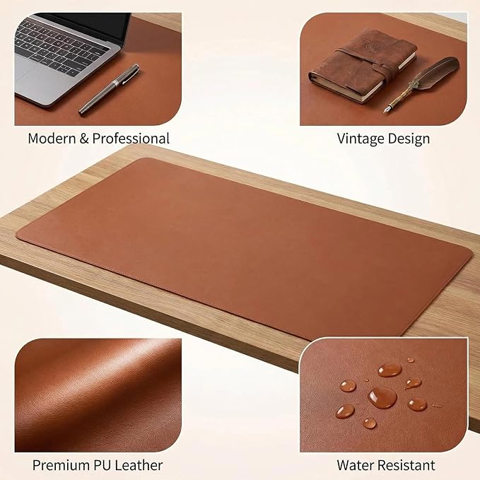 Leather Desk Mat, 20"x22" Office Desk Pad, Thick Premium Table Pad with Stitched Line, Non-Slip Laptop Writing Pad with Suede Sole (Brown)