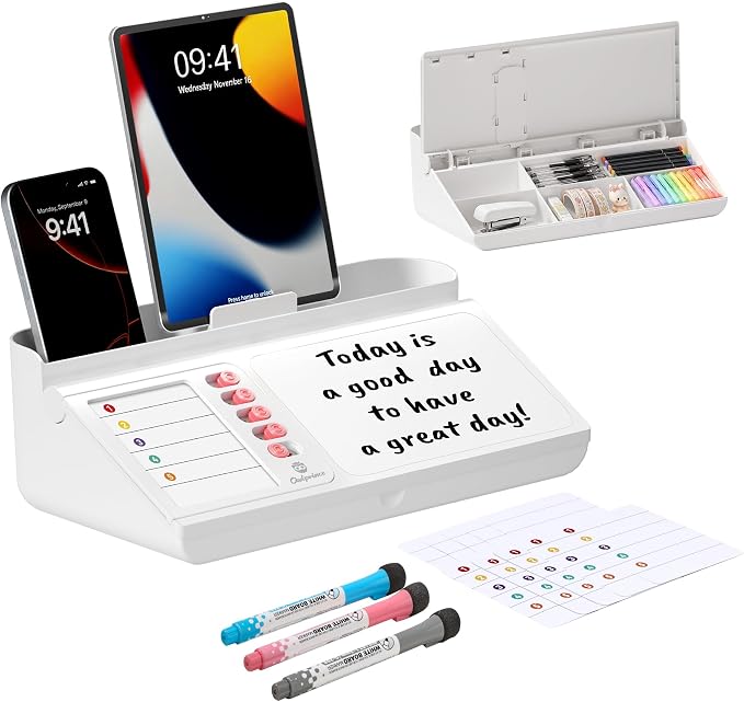 Desktop Whiteboard with Storage, White Dry Erase Board with Drawer & Phone Tray, Desk Board with Marker Holder, Memo Notepad to Do List for Home Office School Supplies - Pink