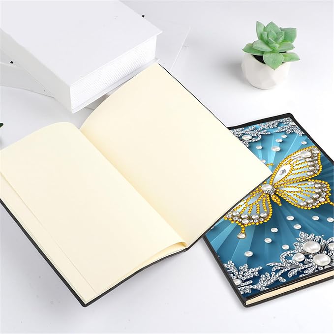 FRANDEK Diamond Art Painting Notebook Kit, White Butterfly A5 DIY Journal with 50 Blank Pages, Crystal Rhinestone Cover with Waterproof Canvas, Beginner Craft Set with Full Tools for Adults