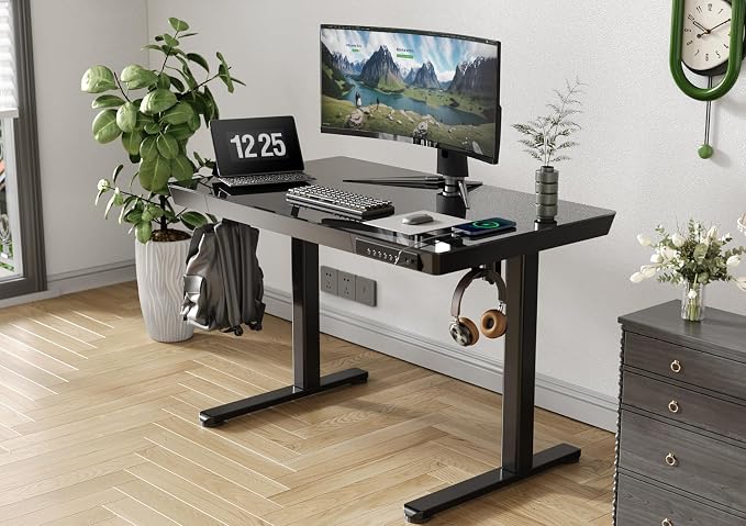 Claiks Glass Standing Desk with Drawers & USB Ports 40x24 Inch, Black | 3 Steps Quick Install, 2 Zones Drawer, USB Ports, Ultra White One-Piece Glass Top, Writable Top