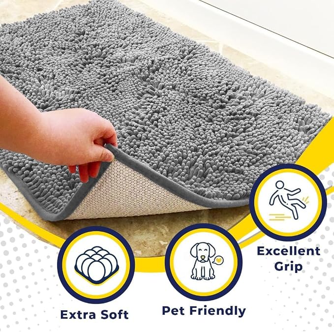 Muddy Mat® | Super Absorbent Door Mat Indoor, Microfiber Quick Dry Chenille Entryway Rug, Non-Slip Front Door Mat, Indoor Mats for Entryway, Machine Washable Pet Rug, Light Grey 19" x 30"
