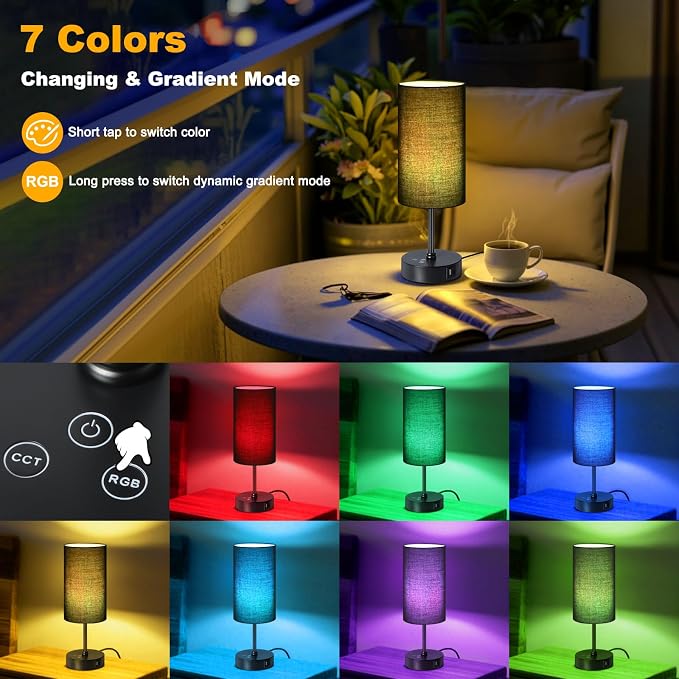 Unicozin Table Lamp with 3 CCT (3000K/4500K/6500K), Stepless Dimmable Bedside Lamp with 7 Color Changing, Modern Nightstand Light with Black Shade for Bedroom, Kids Room, Home, Office