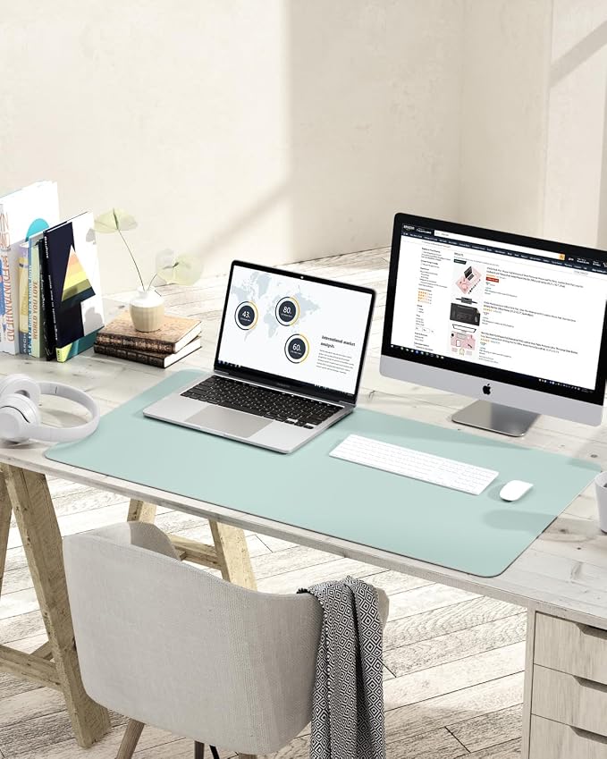 YSAGi Non-Slip Leather Desk Pad L Size, Waterproof Laptop Computer Desk Keyboard Mat, Table Protector Blotter Mat, Large Mouse Pad for Office/Work/Home/Decor(Mint Green, 35.4" x 17")