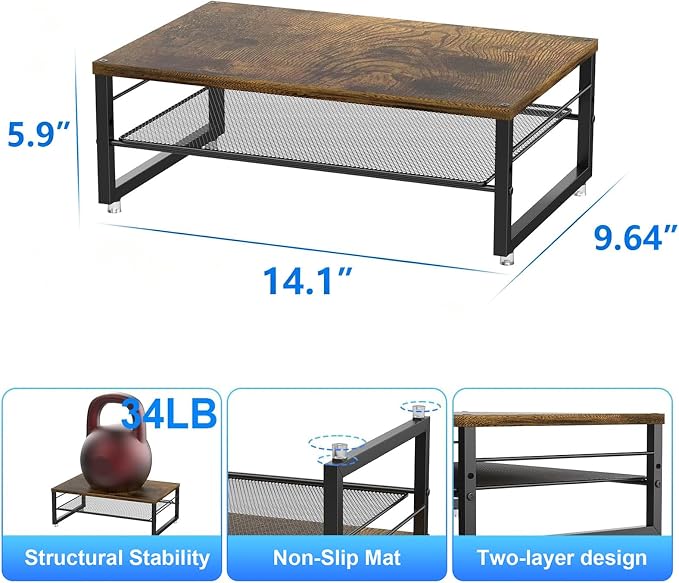 gianotter 2-Tier Metal Monitor Stand Riser, Desk Organizer for Monitor, Office Desk Storage Organizer for Office Supplies (Wood)