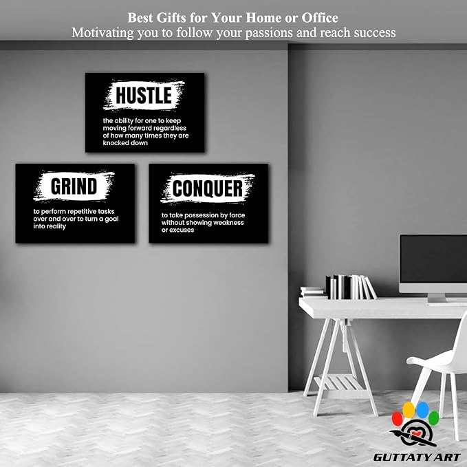 Office Wall Art - 3 Panel Motivational Wall Art, Inspirational Quotes Canvas Art for Home Office Wall Decor, Positive Quotes Wall Decor, Entrepreneur Grind Hustle Execution Poster Frame (20”x30”x3Pcs)