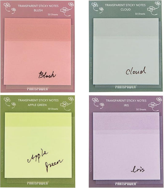 PARTSPOWER Super Transparent Sticky Notes, Jewel Tones 4 Packs 3X3 Inch See Through Annotating Sticky Notes for Annotating, Bible Study Supplies, Office School Supplies