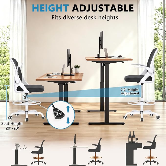 Kensaker Drafting Chair Tall Office Chair, Ergonomic Standing Desk Chair with Adjustable Foot Ring and Flip-up Armrests, Mesh Computer Chair for Art Studio, 300 LBS, White