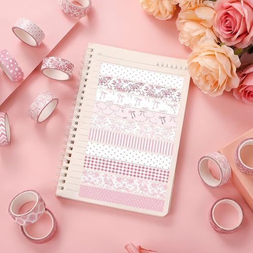12 Rolls Watercolor Floral Washi Tape Set 15 mm Vintage Flower Decorative Masking Tape for Summer School Arts DIY Craft Scrapbook Journal Supplies Gifts(Pink,Bows and Polka Dots)