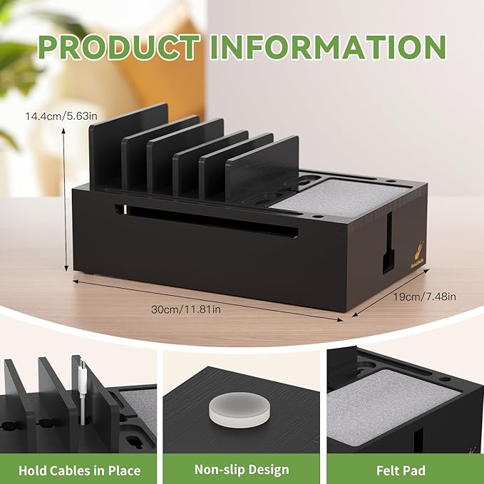 Pezin & Hulin Bamboo Charging Station for Multiple Devices -Black | USB Charger Dock Organizer, with Power Supply (10 Ports HUB), 6 Cables, Cable Management Organizer for Cell Phones, Tablet