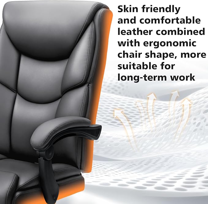 WAILOR 400lbs Office Chair with Foot Rest, Reclining Big and Tall Office Chair with Lumbar Support, High Back PU Leather Computer Chair,Comfy Desk Chair for Home Office (Gray)