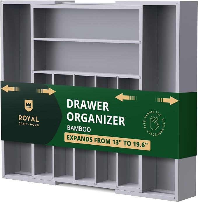 Luxury Bamboo Kitchen Drawer Organizer - Silverware Organizer - Utensil Holder and Cutlery Tray with Grooved Drawer Dividers for Flatware and Kitchen Utensils (9 Slot, Gray)