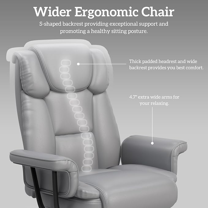 GYI 160 Reclining Office Chair with Footrest, Big & Tall Desk Chair, Grey | Cross Legged Seat, High Back, Faux Leather, Heavy Duty Base, Adjustable Height, for Home, Executive