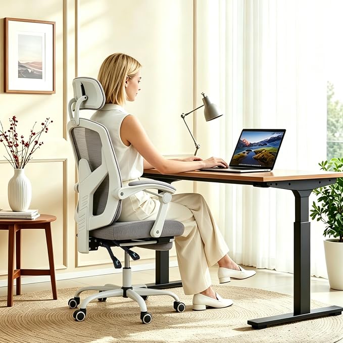 Ergonomic Office Chair with Footrest, High Back Home Desk Chair with Lumbar Support & Headrest, 90-135° Reclining Mesh Back Computer Chair with Wheels for Work, Gaming, Grey