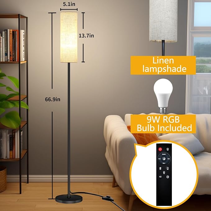 Qaubauyt Smart LED Floor Lamp with APP Control & RGB Colors - Dimmable Standing Lamp for Living Room, Bedroom, Gaming - Remote, Timer, 9W Bulb Included, 67" Modern Tall Lamp (C:Black Beige)