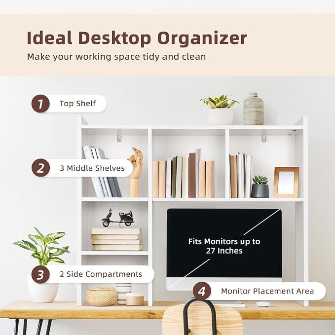 OOOK 35.5" L Dorm Desk Hutch White, Desktop Bookshelf with 5 Shelves | Multipurpose Desk Organizer for Dorm Office Home, 3-Tier Wooden Display Rack for Computer Desk