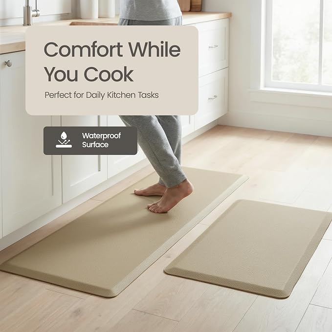 Anti Fatigue Kitchen Mats for Floor | Padded Kitchen Rugs | Non Slip, Cushioned Standing Desk Mat | Waterproof Floor Mat | 17.3" x 28" x 0.47" & 17.3" x 59" x 0.47", Beige, 2-Pack | More Décor