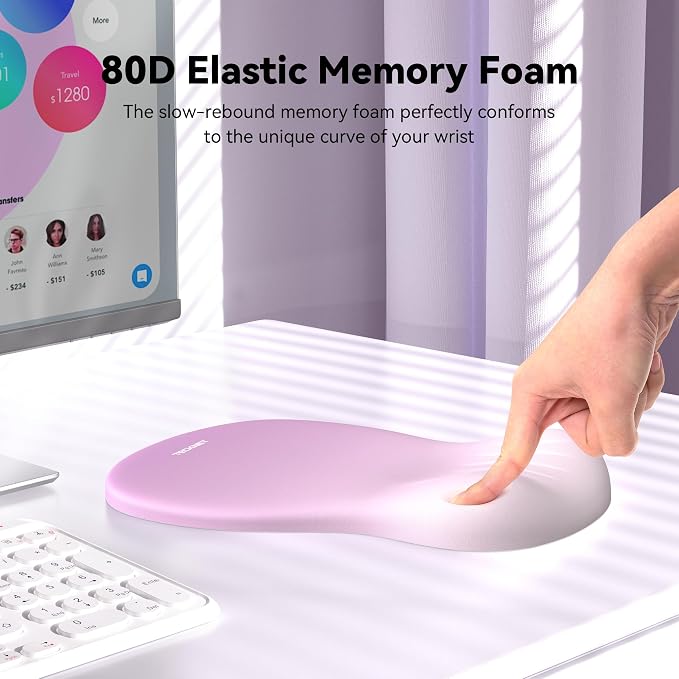 TECKNET Ergonomic Mouse Pad with Wrist Rest, Memory Foam Mousepad with Wrist Support, Smooth Surface, Middle Concave & Non-Slip Base for Laptop/PC, Pain Relief for Home Office Gaming, Light Purple