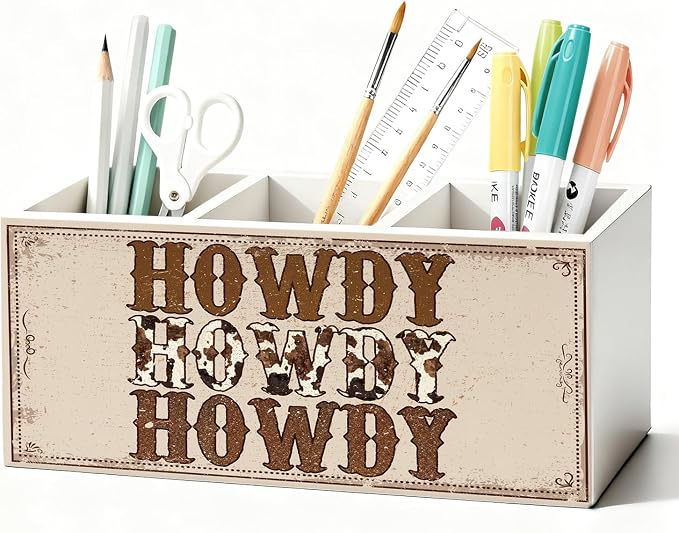 Western Pen Pencil Holder for Desk, Cowboy Gifts, Cowgirl Gifts for Women, Western Office Decor, Retro Country Howdy Southwestern Wooden Box Sign Decorations for Home Office Desk Tabletop