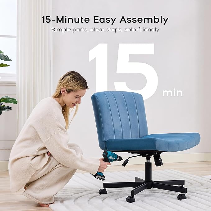 LukkDys Criss Cross Chair with Wheels, Wide Cross Legged Desk Chair, Comfy Fabric Vanity Chair for Home Office Bedroom, Adjustable Armless Swivel Task Chair with 90–115° Tilt, Denim Blue