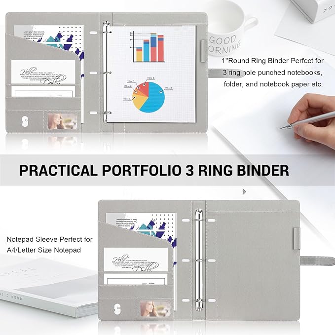 Toplive Padfolio 3 Ring Binder Organizer Business Portfolio Folder for Women, A4/ Letter Size PU Leather Portfolio Padfolio for Interview Conference Presentation, Grey