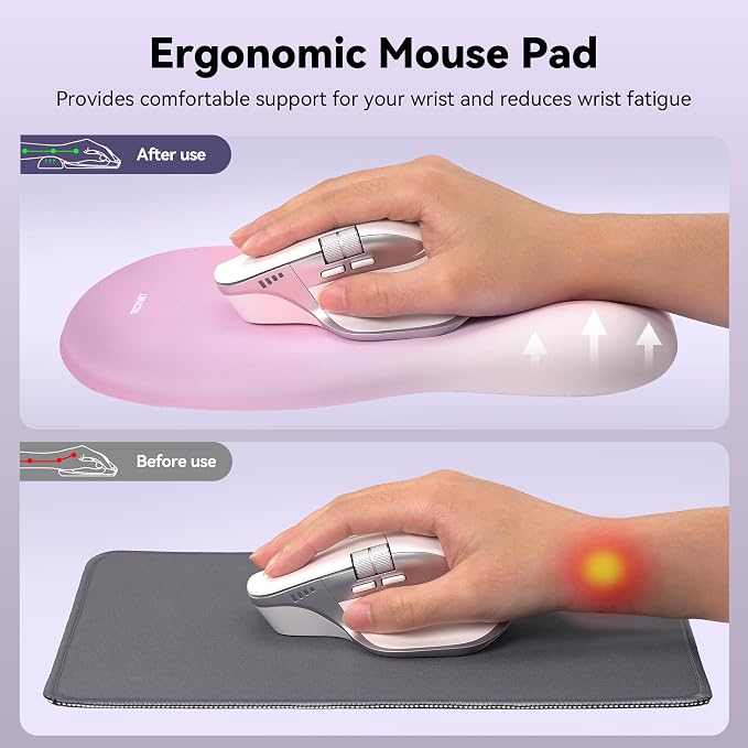 TECKNET Ergonomic Mouse Pad with Wrist Rest, Memory Foam Mousepad with Wrist Support, Smooth Surface, Middle Concave & Non-Slip Base for Laptop/PC, Pain Relief for Home Office Gaming, Light Purple