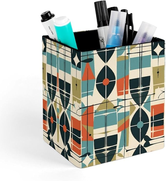 Modern Mid Century Pen Holder Office Supplies for Desk Storage | Smooth PU Leather Pencil Cup Case, Square Desk Organizer, for Pen Remote Brush Stationery Office Supplies Daily Essentials