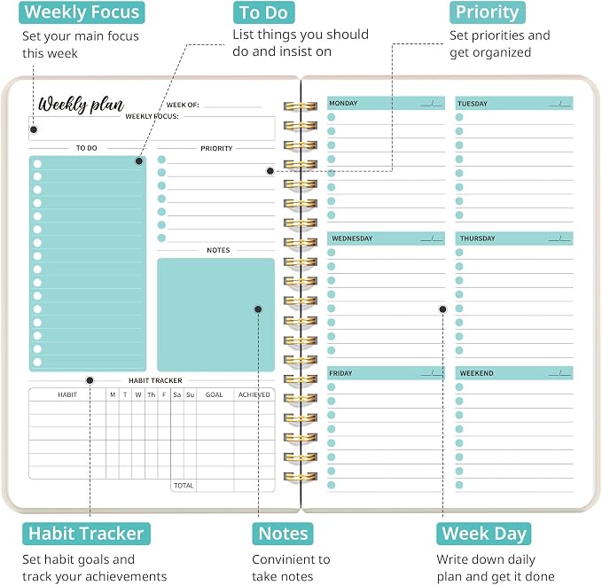 Taja Undated Weekly Planner, Weekly To Do List Notebook with Goal & Habit Tracker Organizer, A5 Weekly Planner Notebook with Spiral Binding, 6.1" x 8.2" - Beige