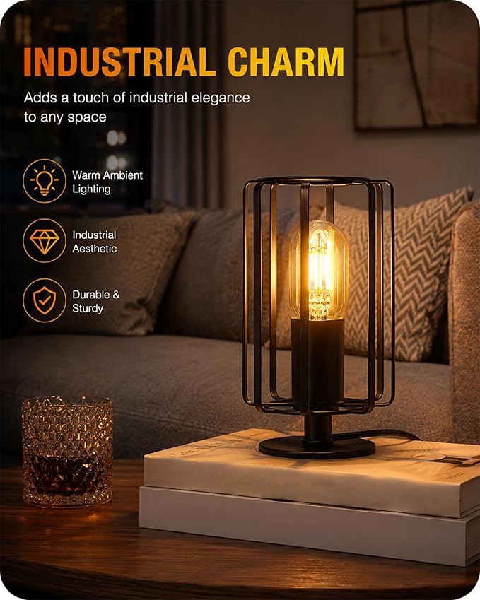 Industrial Table Lamp Set of 2, Small Bedside Lamp with Dimmable 2400K Warm Light LED Bulb, Vintage Desk Lamp, Rustic Nightstand Lamp for Bedroom, Study, Office, Small Space, Black B05TLP205
