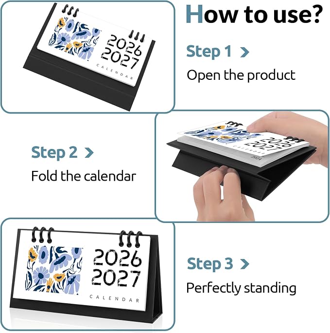 Small Desk Calendar 2026-2027, Flower Mini Desk Calendar (From January 2026 to December 2027) Flip Desktop Standing Calendar, Monthly Planner Cute Calendar, School Home Office Supplies