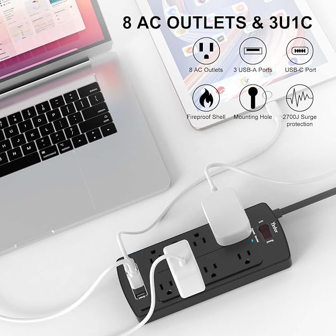 Surge Protector Power Strip, Yintar Flat Plug Extension Cord with 8 AC Outlets and 4 USB Ports, 10 Feet Power Cord, 2700 Joules, ETL Listed, Black