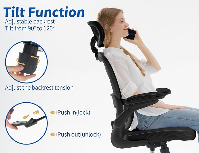 TRALT Ergonomic Office Chair - Desk Chair with Adjustable Headrest Lumbar Support Computer Chair - Mesh Comfy Chair with Flip-up Armrests - Gaming Chair for Adults Home Office PU, Black, Pack of 2