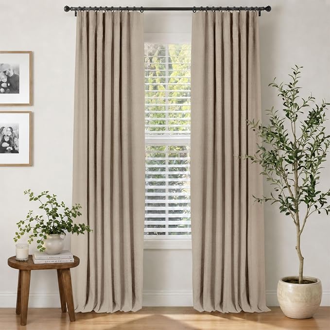 INOVADAY 100% Blackout Curtains for Bedroom, Burlywood Birch Black Out Curtains 102 Inch Long, Clip Rings Linen Blackout Drapes, Thermal Insulated Room Darkening for Living Room, 2 Panels - W50xL102