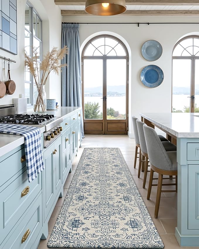 DEXI Kitchen Mats Cushioned Anti Fatigue, 23x59 Floor Padded Runner Rug Non Slip, Waterproof Standing Comfort Memory Foam for Front Sink Laundry, Blue White