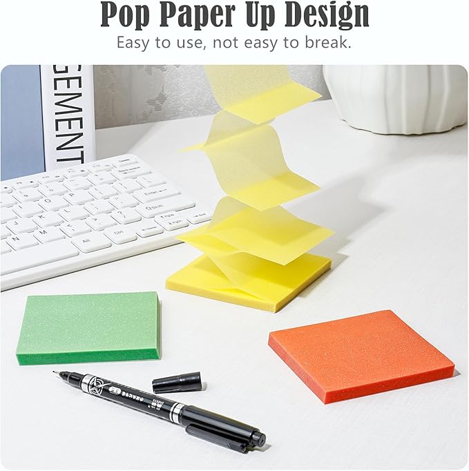BAYTORY 240 Sheets Pop Paper Up Transparent Glitter Sticky Notes, 1Pc Double Maker Pen, Waterproof Self-Stick Note, 3 x 3 Colorful Self-Adhesive Note for Bible Accessories (Green & Yellow & Red)