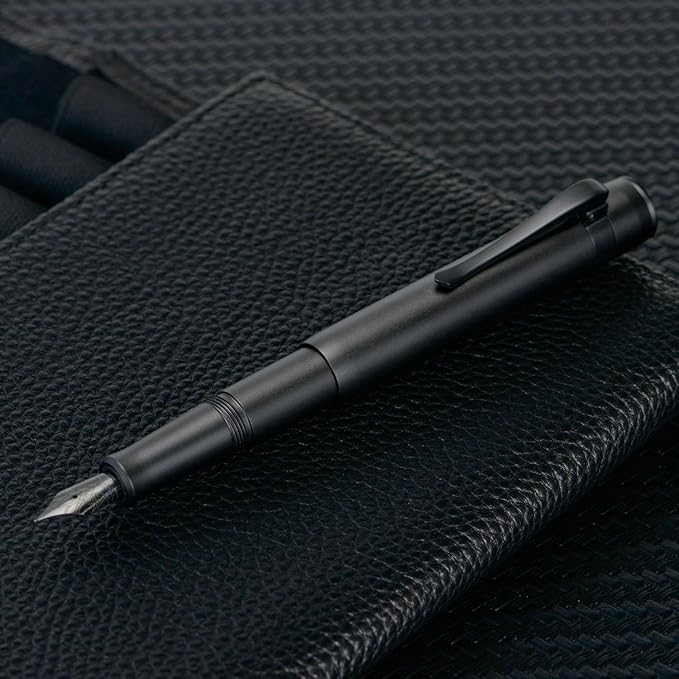 HONG DIAN M2 Black Forest Mini Fountain Pen, Medium Soft Nib & Sleek Shape Aluminium Short Pocket Travel Pen (Matte Black)