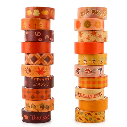 Fall Washi Tape Set 20 Rolls Autumn Washi Tape Autumn Thanksgiving Pumpkin Fall Leaves Decorative Tape for Seasonal Kids DIY Art Crafts Notebook Scrapbooking & Stamping Supplies