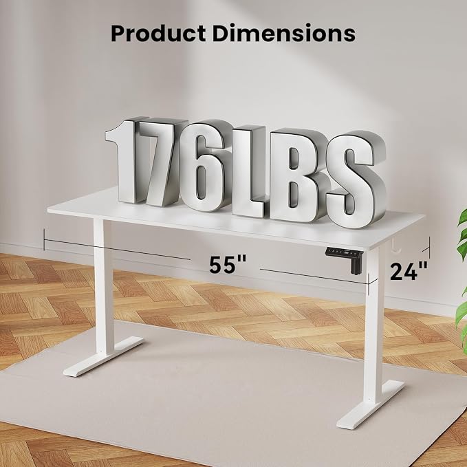 WALKINGDESK 55x24 Inches Height Adjustable Electric Standing Desk with 2 Hooks for Home Office, Ergonomic Sit Stand up Desk with Splice Board, White