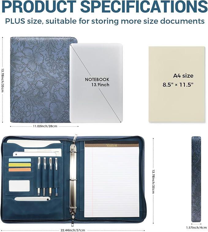 Embossed Faux Leather Zippered Padfolio with 3 Ring Binder, Executive Portfolio Organizer Binder for Women, Fits 13.9" Laptop/Tablet, Refillable Writing Pad Pocket, Blue