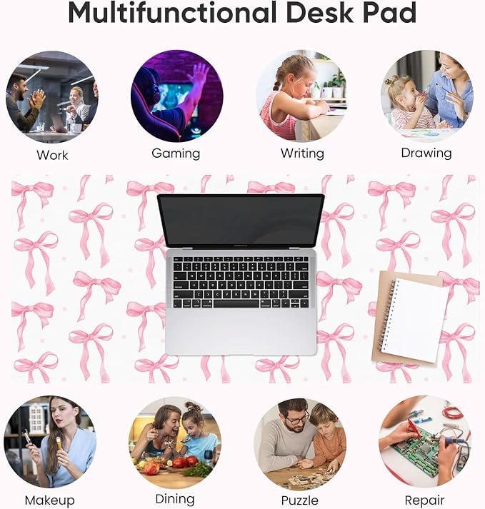 Desk Mat, XXL Large Mouse Pad,Leather Desk Pad Blotter Protector,Computer Laptop Mouse Pads for Desktop,Waterproof Writing Anti-Slip Mousepad for Office and Home I Pink Bow Girly